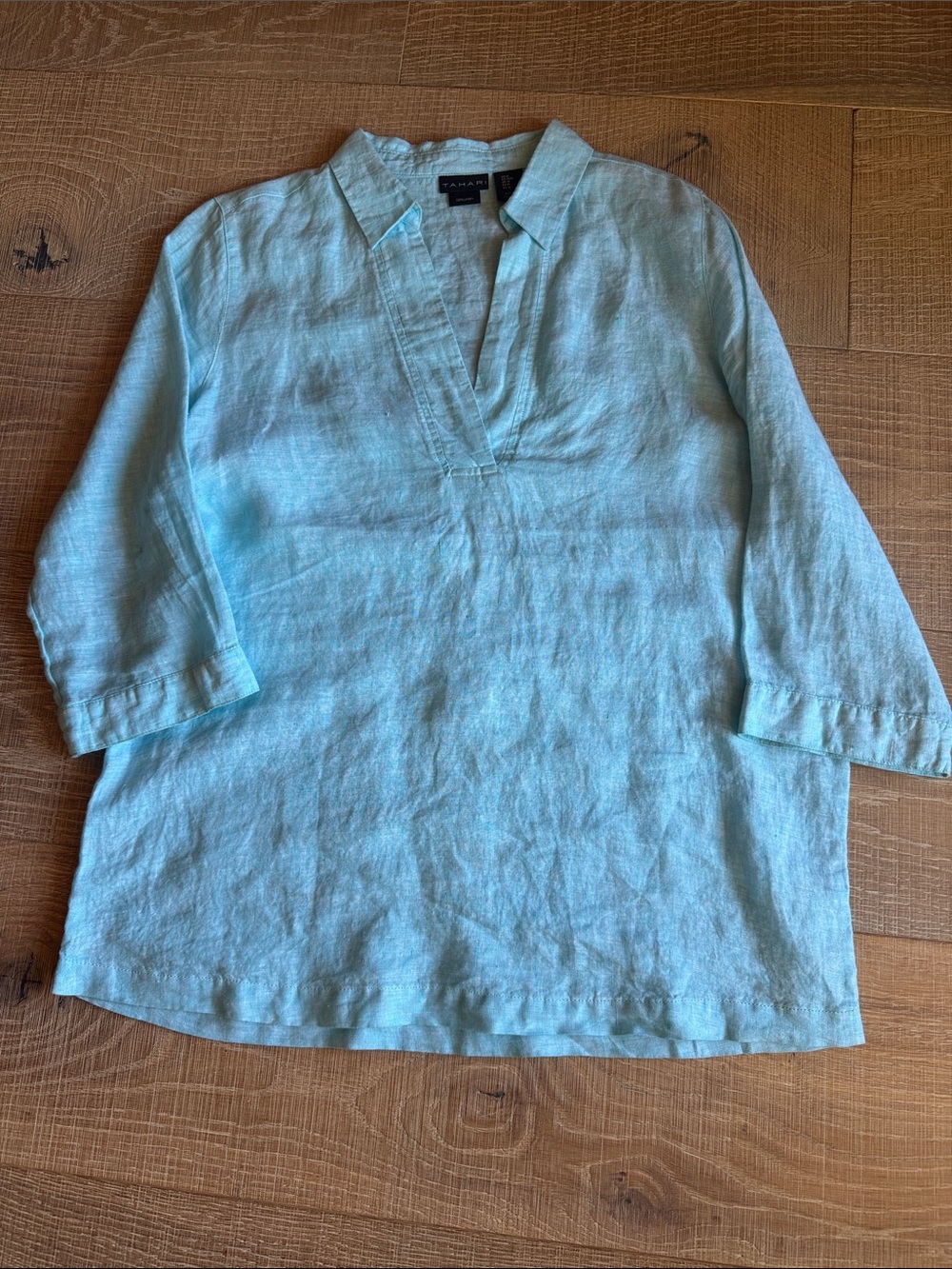 Tahari turquoise Linen V-Neck Tunic Blouse